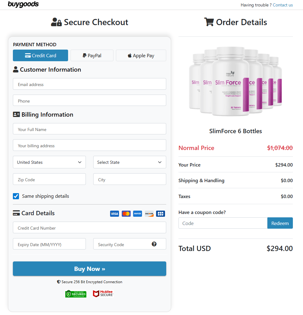 Slim Force order page